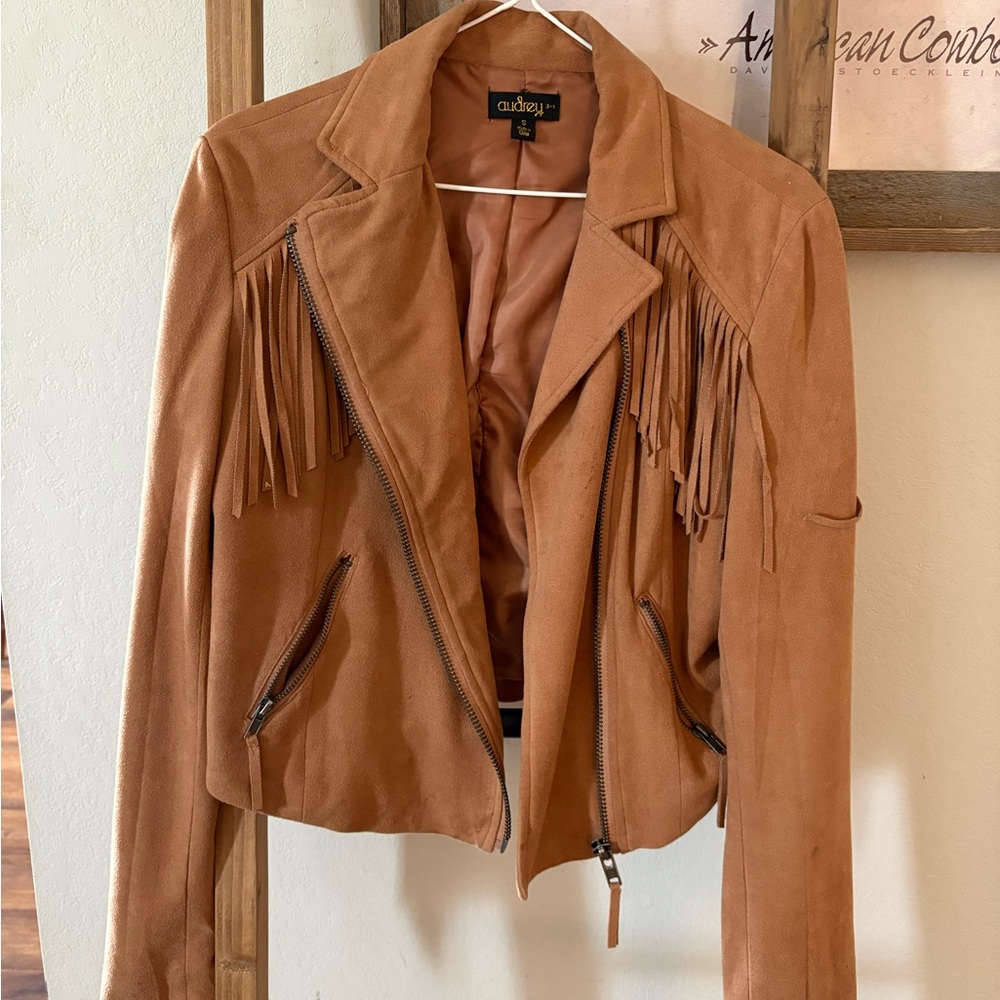 Audrey 3+1 Tan Leather Moto Jacket with Fringe